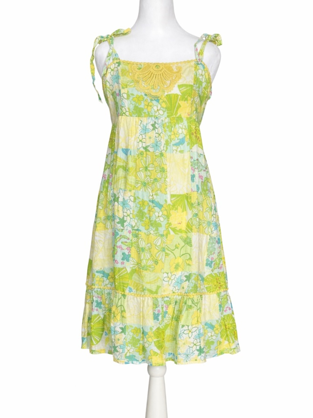 Lilly Pulitzer Patchwork Linenβ Dress Size 4 Green Yellow Floral Tie Strap Lace